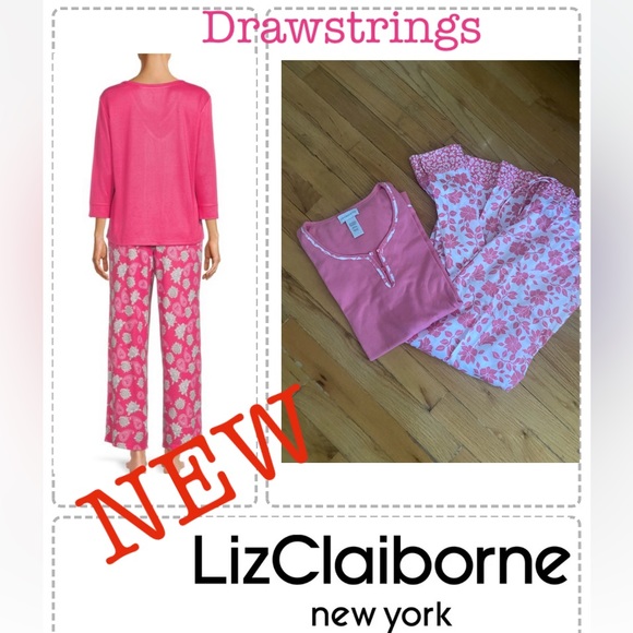 NEW liz claiborne pink pj in pink top & bottom drawstrings white/pink - Picture 1 of 5